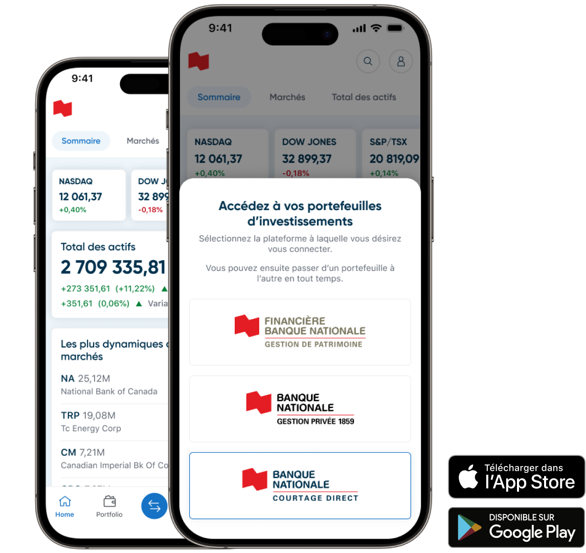 Image de deux cellulaires affichant les écrans de l’application BNC Patrimoine et deux boutons de téléchargement